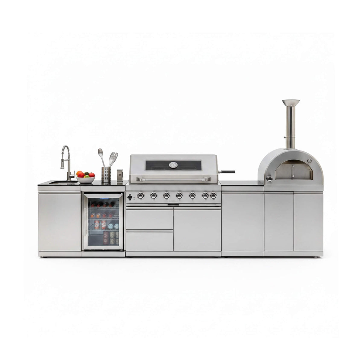 Blazon 128-Inch 6-Burner 120K BTU Outdoor Kitchen Island With Pizza Oven, Rotisserie & Refrigerator