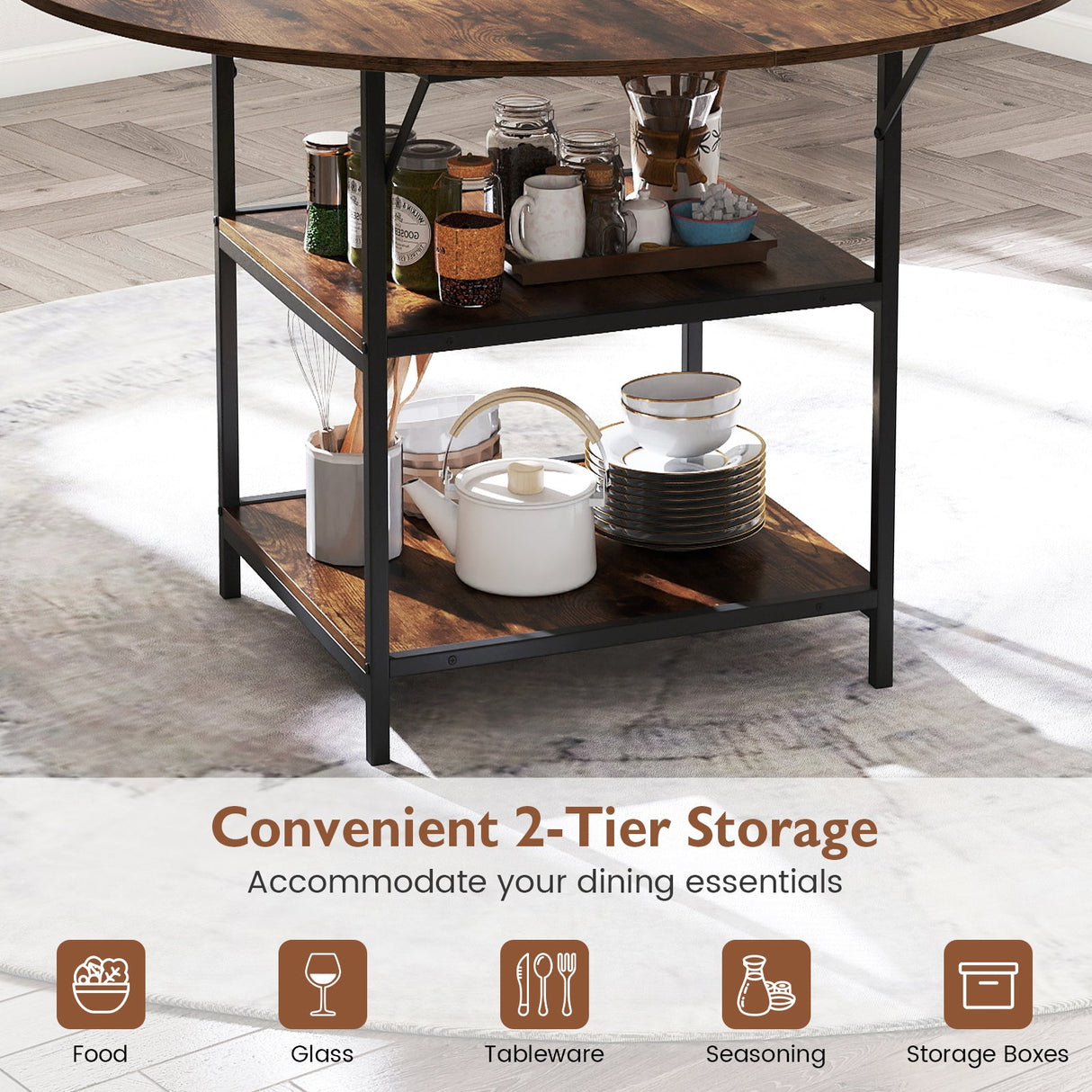 47 Inch Round Dining Table for 4-6 People Large Kitchen Table with 2-Tier Storage Shelves