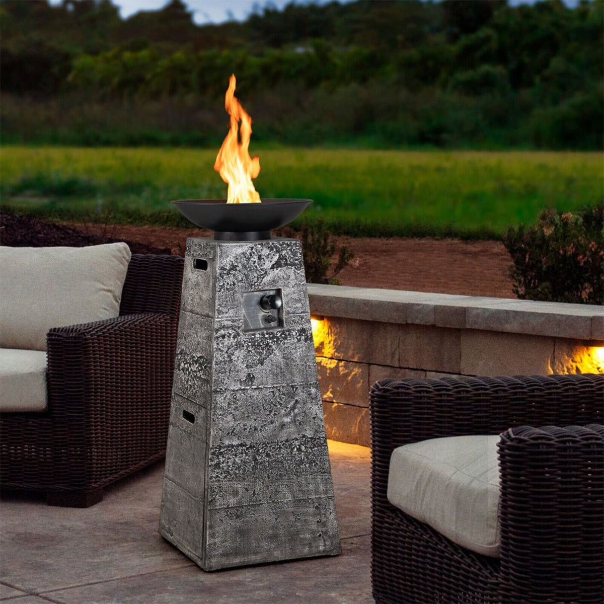 48-Inch Large Outdoor Propane Fire Bowl Column With Cover & Lava Rocks