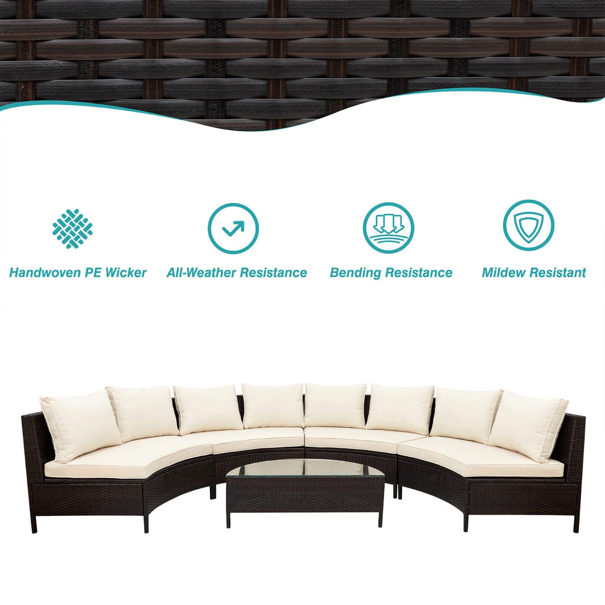 Alora Premium 5-Piece All-Weather Half-Moon Outdoor Rattan Wicker Patio Sectional Sofa Furniture Set With Tempered Glass Table (SAK32615)