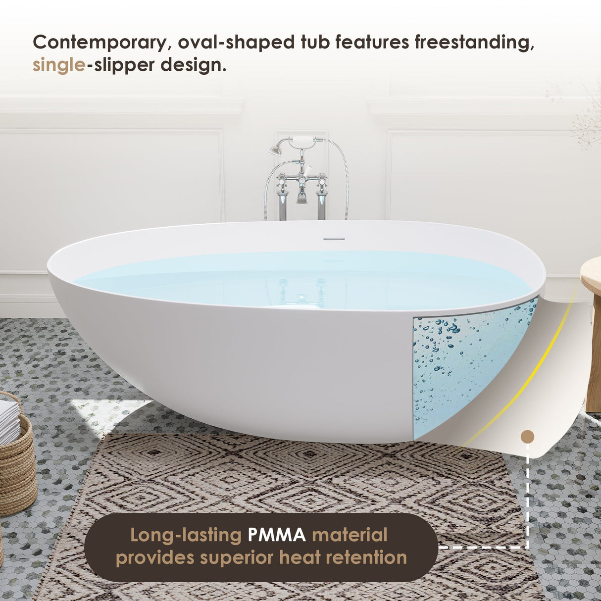 Giotto Solid Surface Soaking Bathtub in Matte White with Matte White Drain and Integrated Overflow