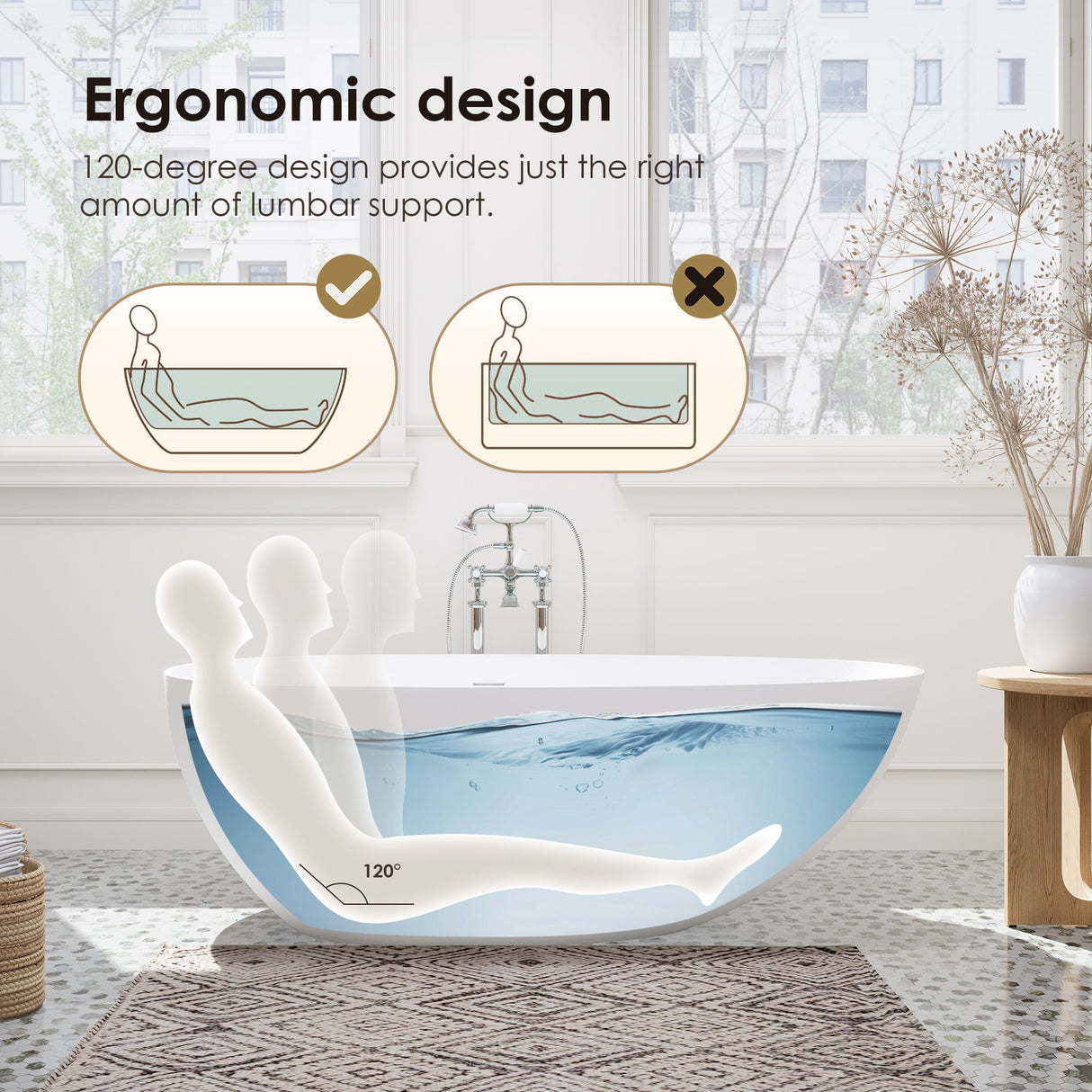 Giotto Solid Surface Soaking Bathtub in Matte White with Matte White Drain and Integrated Overflow