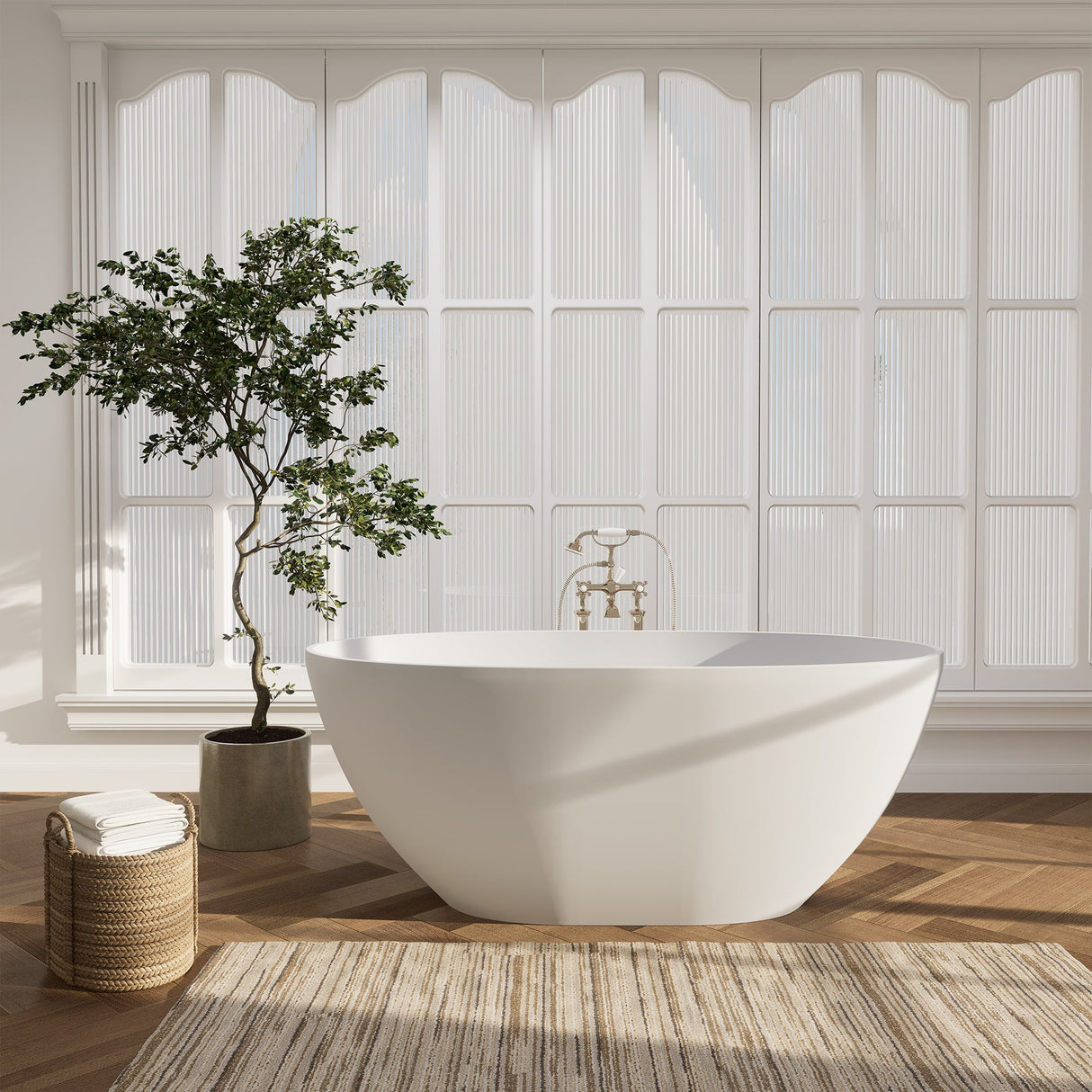 Euston Solid Surface Soaking Bathtub in Matte White with Matte White Drain and Integrated Overflow