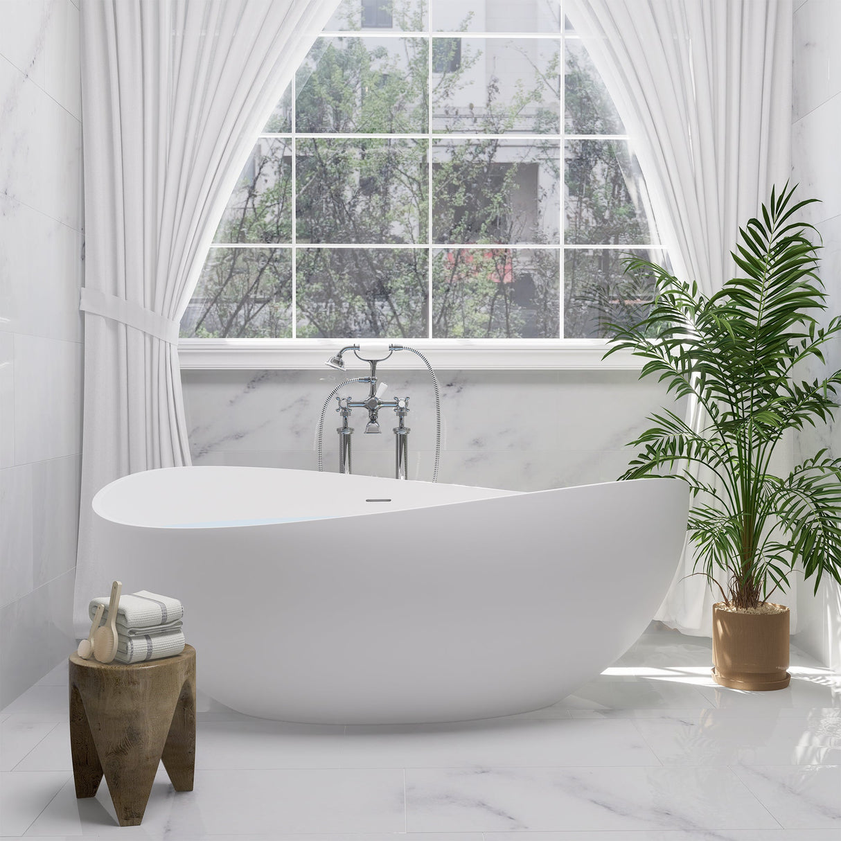 Vespa 63" x 39" Solid Surface Soaking Bathtub in Matte White with Matte White Drain and Integrated Overflow
