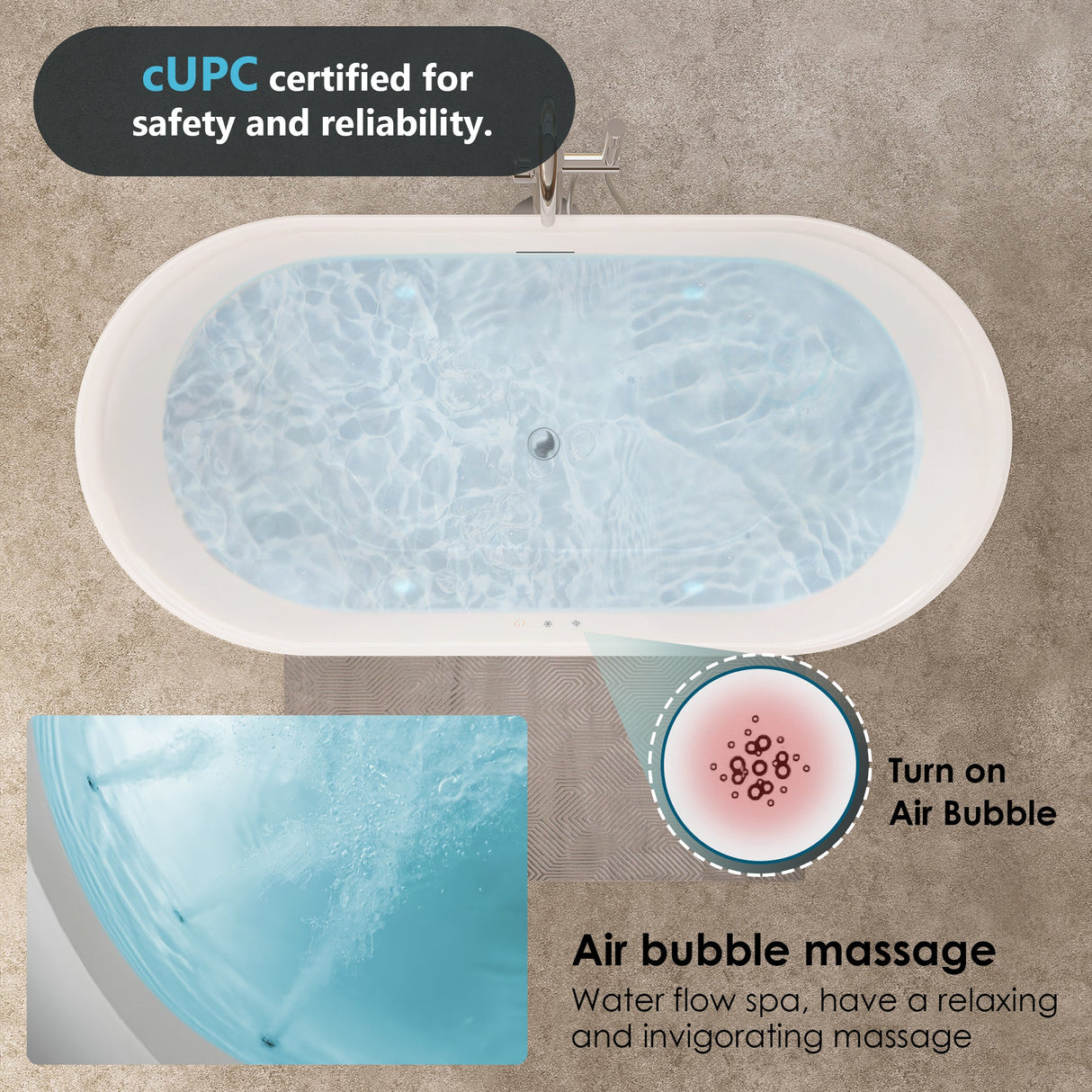 Clarity&main 67" x 32" Flatbottom Freestanding Acrylic Soaking Bathtub in Glossy White with Drain and Integrated Overflow