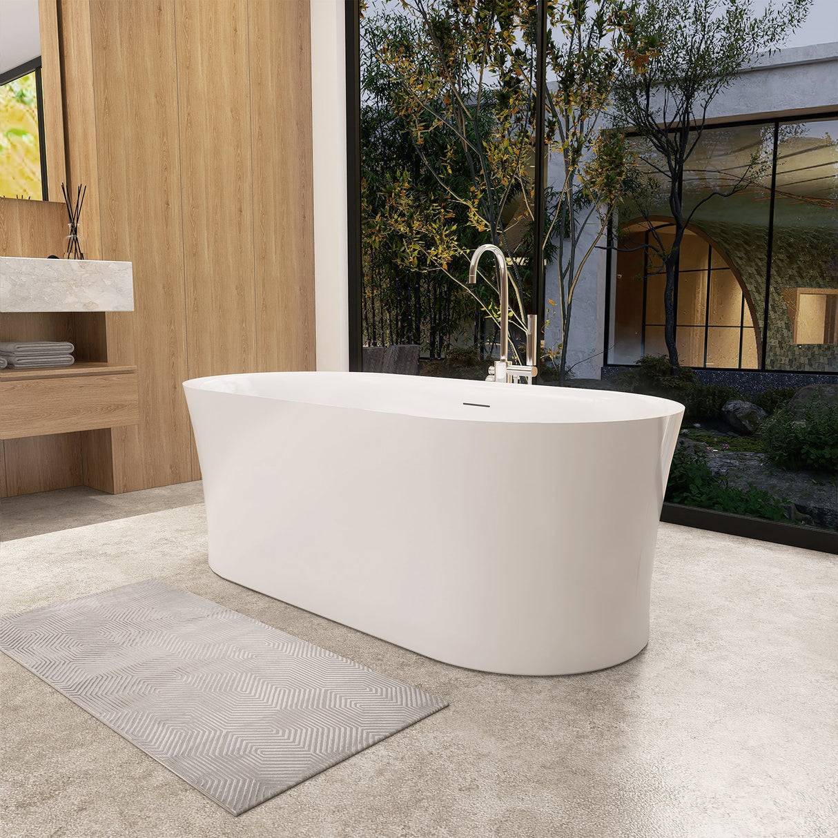 Clarity&main 67" x 32" Flatbottom Freestanding Acrylic Soaking Bathtub in Glossy White with Drain and Integrated Overflow