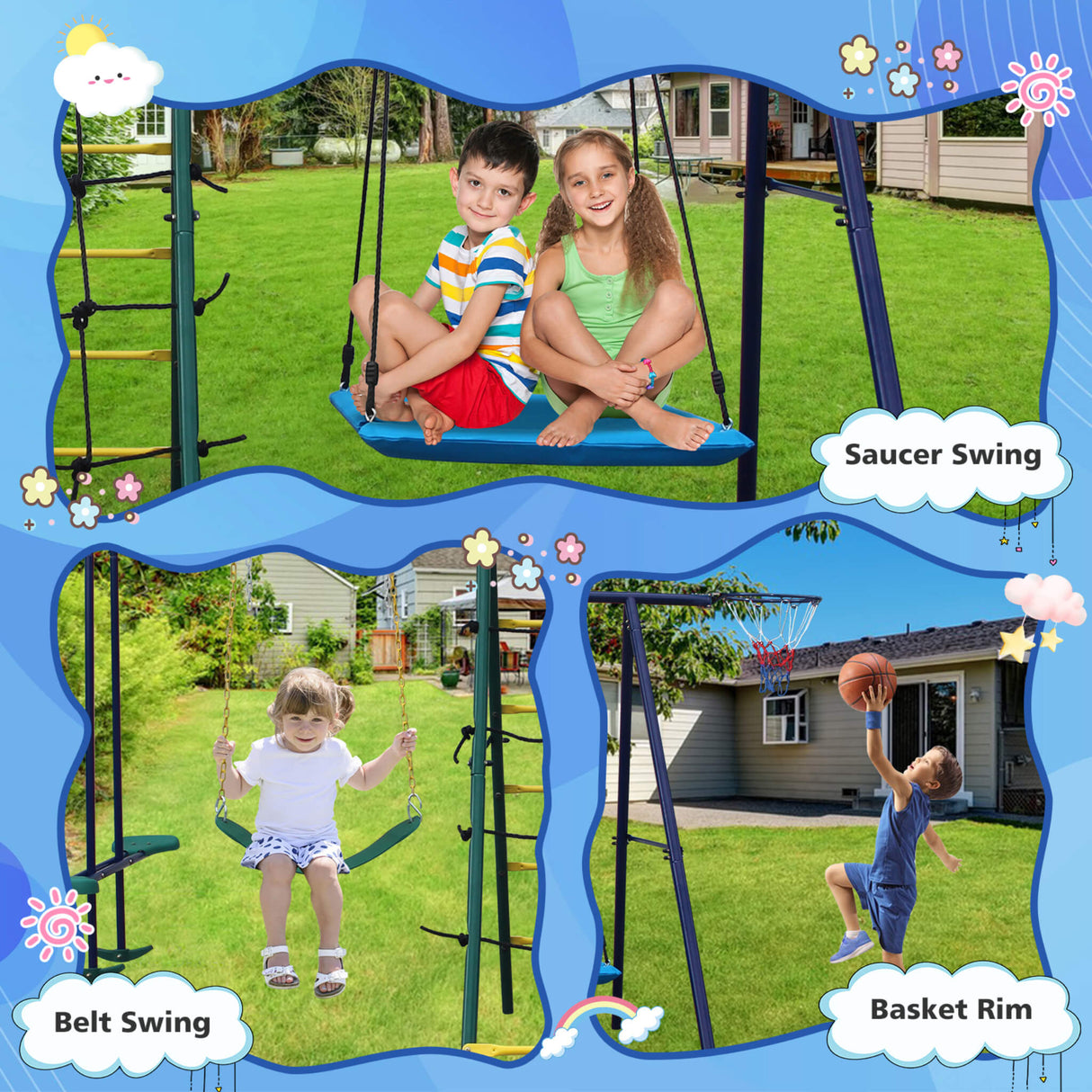 6-In-1 Outdoor Swing Set With Climbing Ladder Net And Basketball Hoop