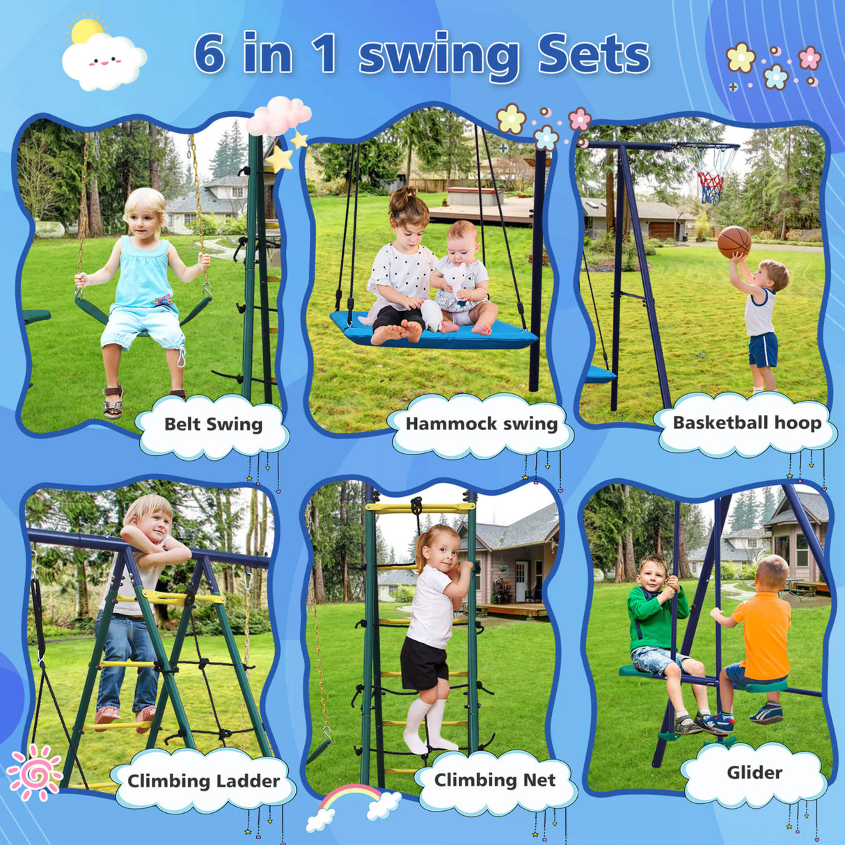6-In-1 Outdoor Swing Set With Climbing Ladder Net And Basketball Hoop