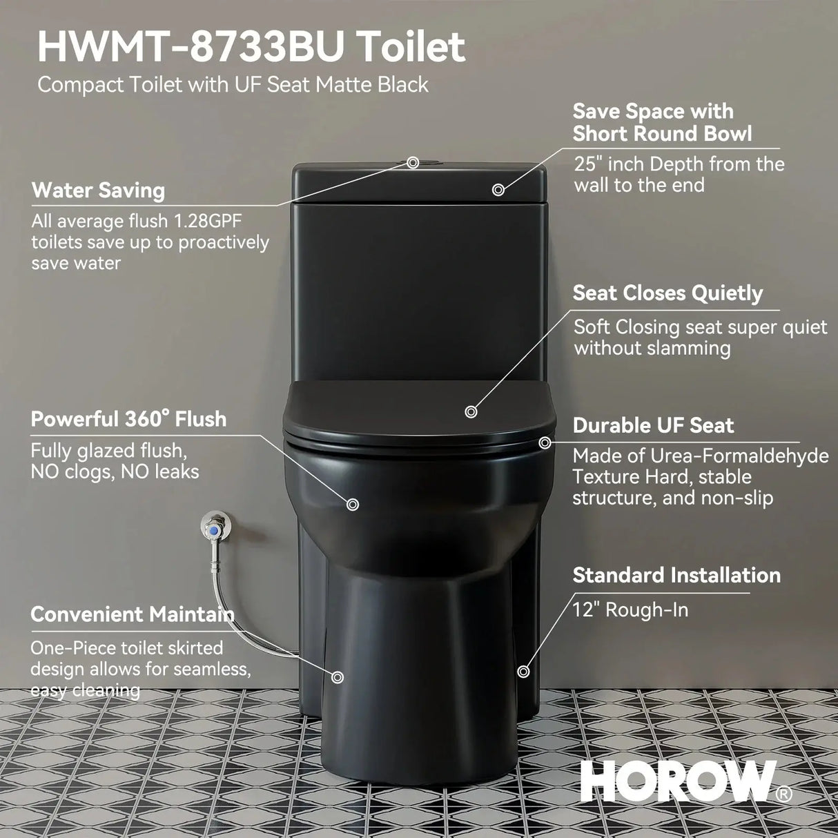 HOROW 8733BU Compact Black Toilet with UF Soft-Close Seat