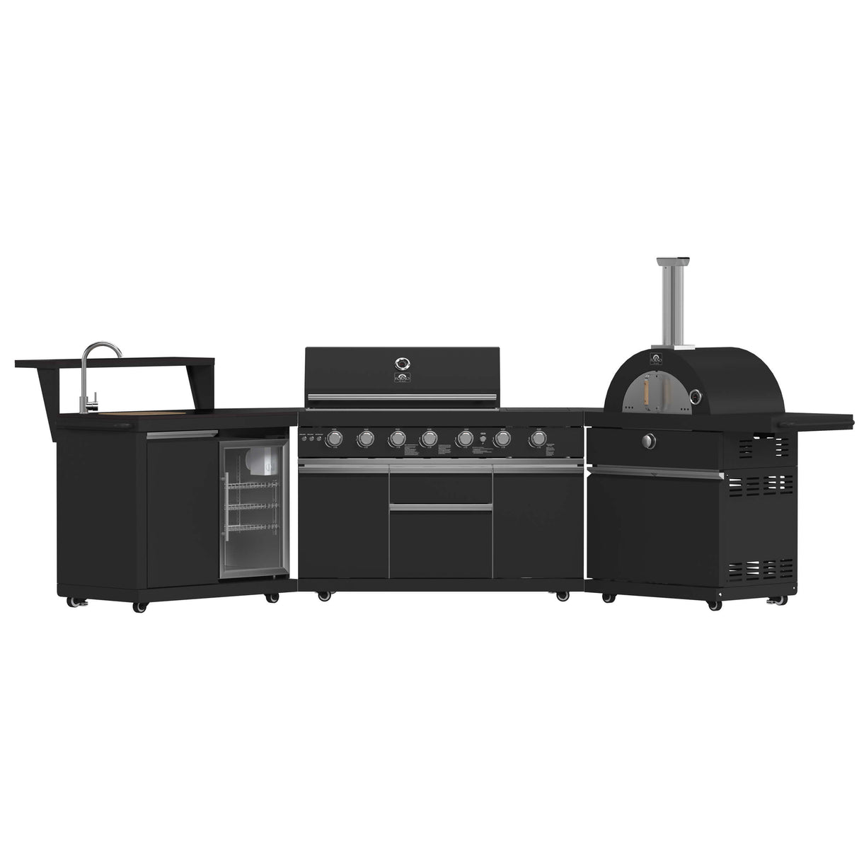 FORNO All’Aperto 87,600 BTU BBQ with 4 Stainless-Steel Burners with Infrared Burners & Side Burner, Sink Module with Black Sintered Stone Countertops, Gaz Pizza Oven, Bar & Beverage Center