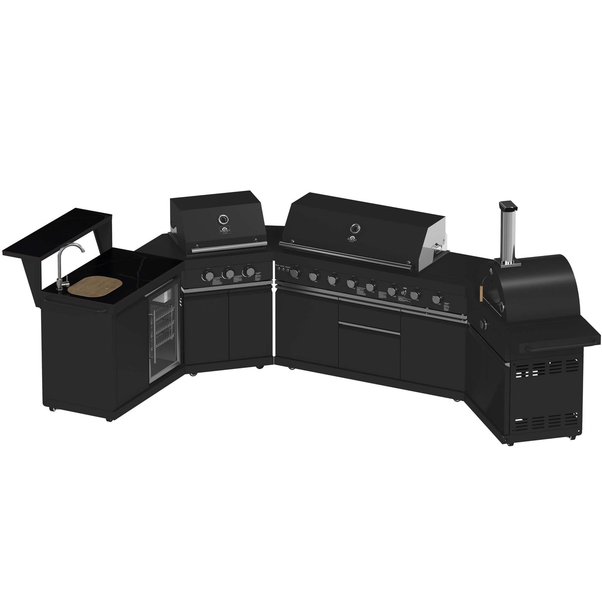 FORNO All'Aperto 99,600 BTU BBQ with 5 Stainless-Steel Burners with Infrared Burners & Side Burner, Sink Module with Black Sintered Stone Countertops, Plancha, Gas Pizza Oven, Bar & Beverage Center