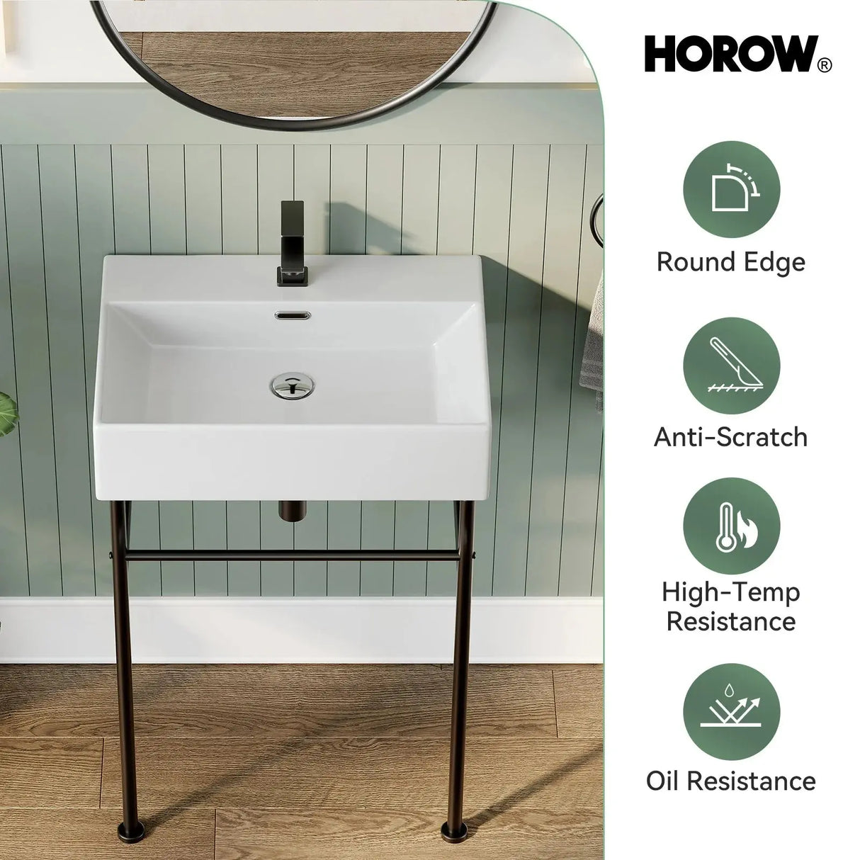 Console Bathroom Sink with Black Legs and Drain Fit Model CS6042-MB