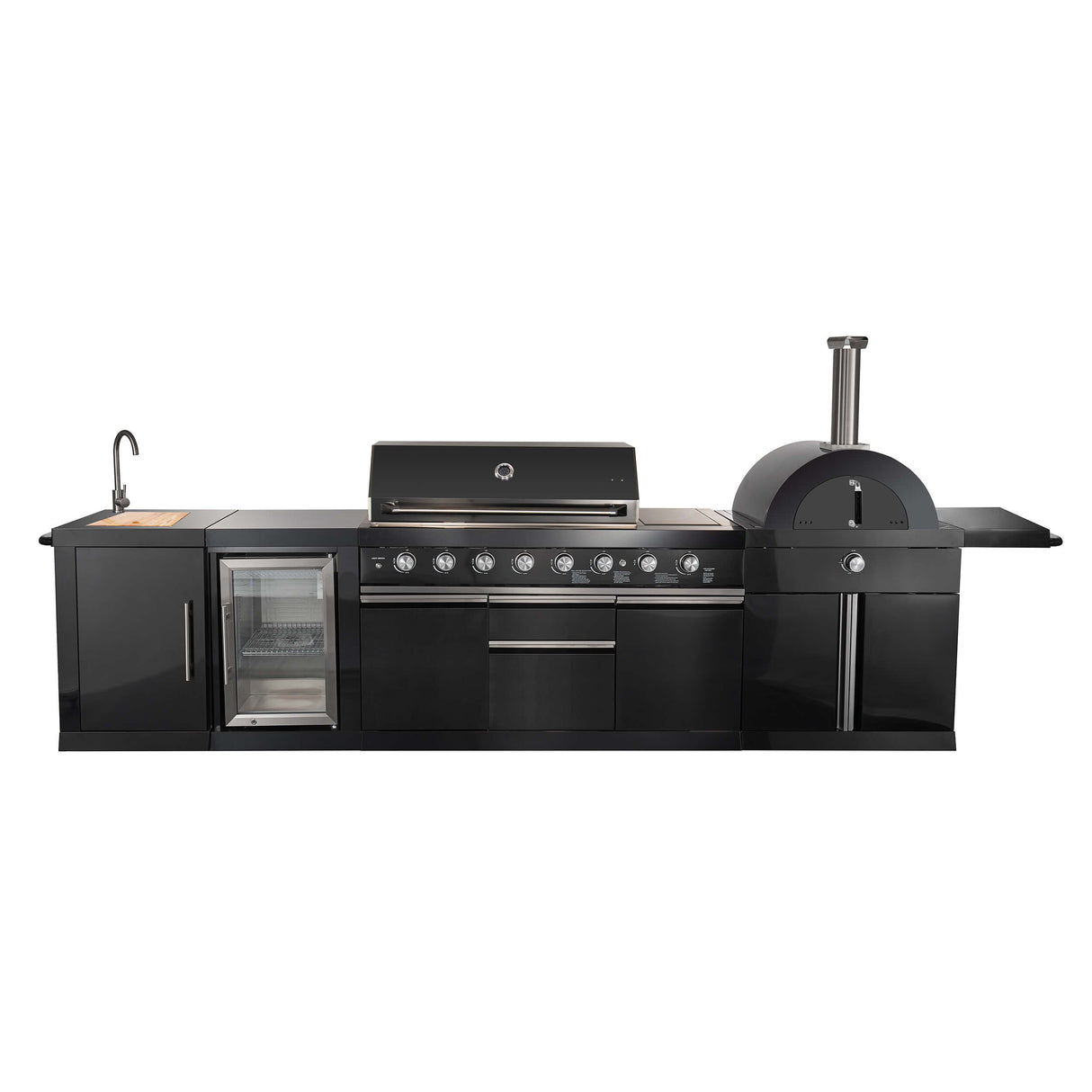 FORNO All’Aperto 87,600 BTU BBQ with 4 Stainless-Steel Burners with Infrared Burners & Side Burner, Sink Module with Black Sintered Stone Countertops, Gaz Pizza Oven, Bar & Beverage Center