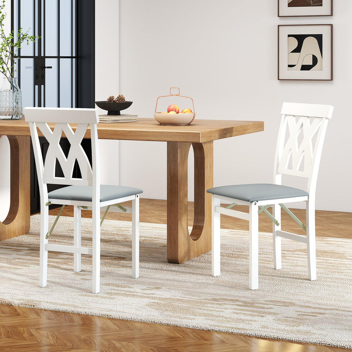 Folding Wooden Dining Chair Set of 2 Faux Leather Upholstered Kitchen Armless Chairs