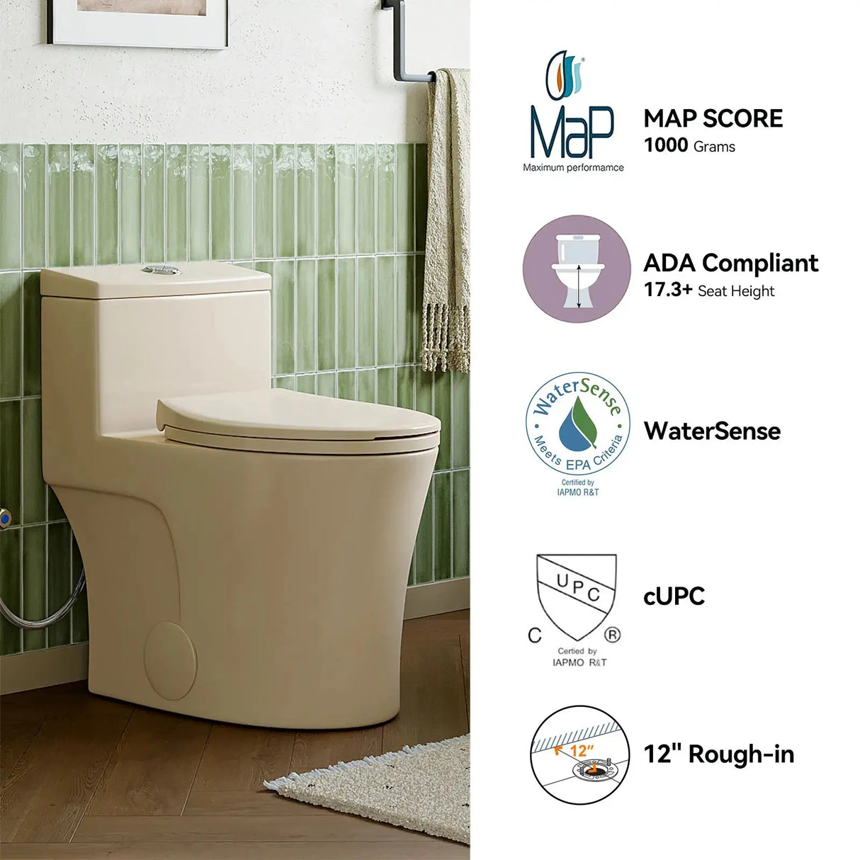 HOROW T0338WBC Biscuit Color One-Piece ADA Toilet