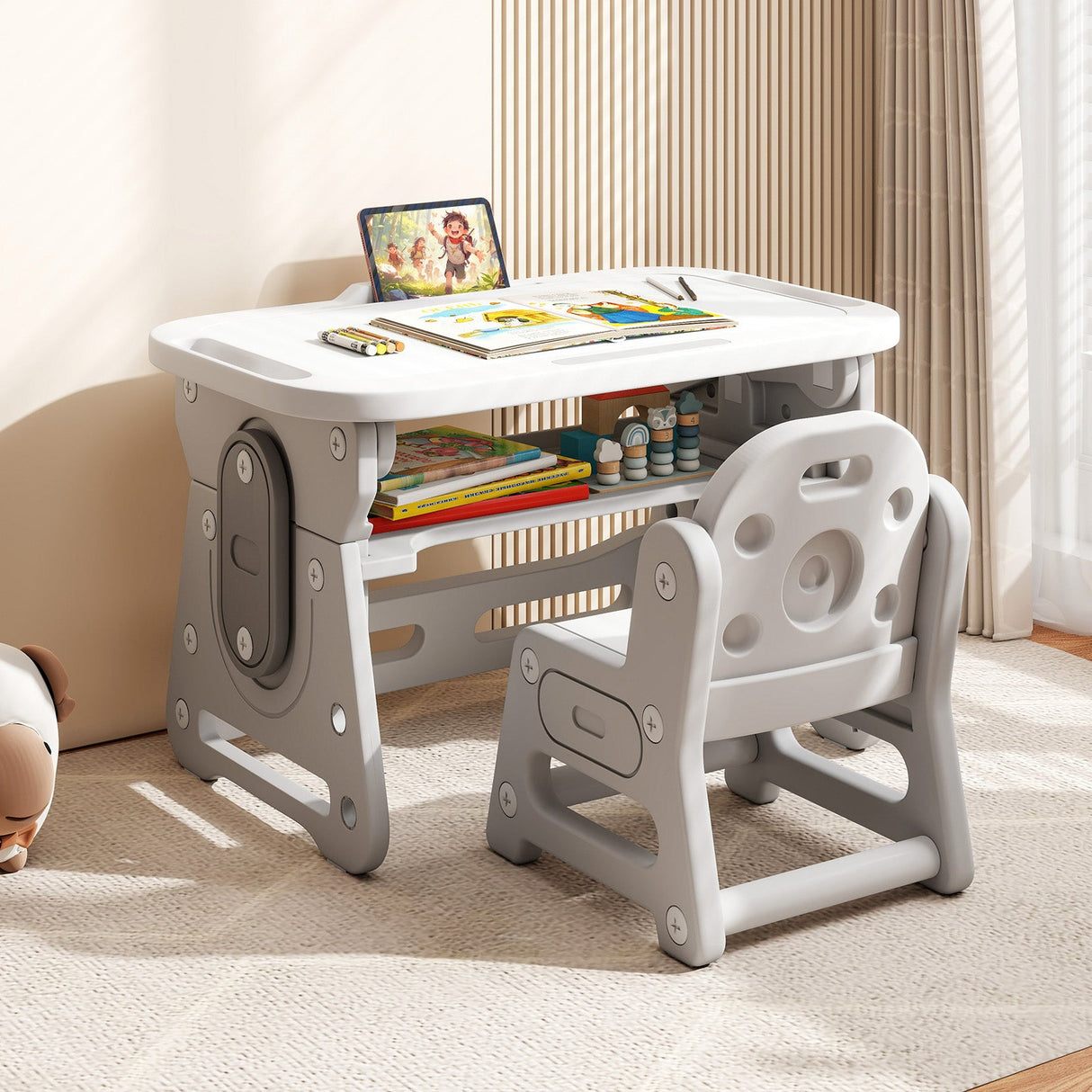 Height Adjustable Kids Table and Chair Set with Tiltable Whiteboard and Concave Shelf