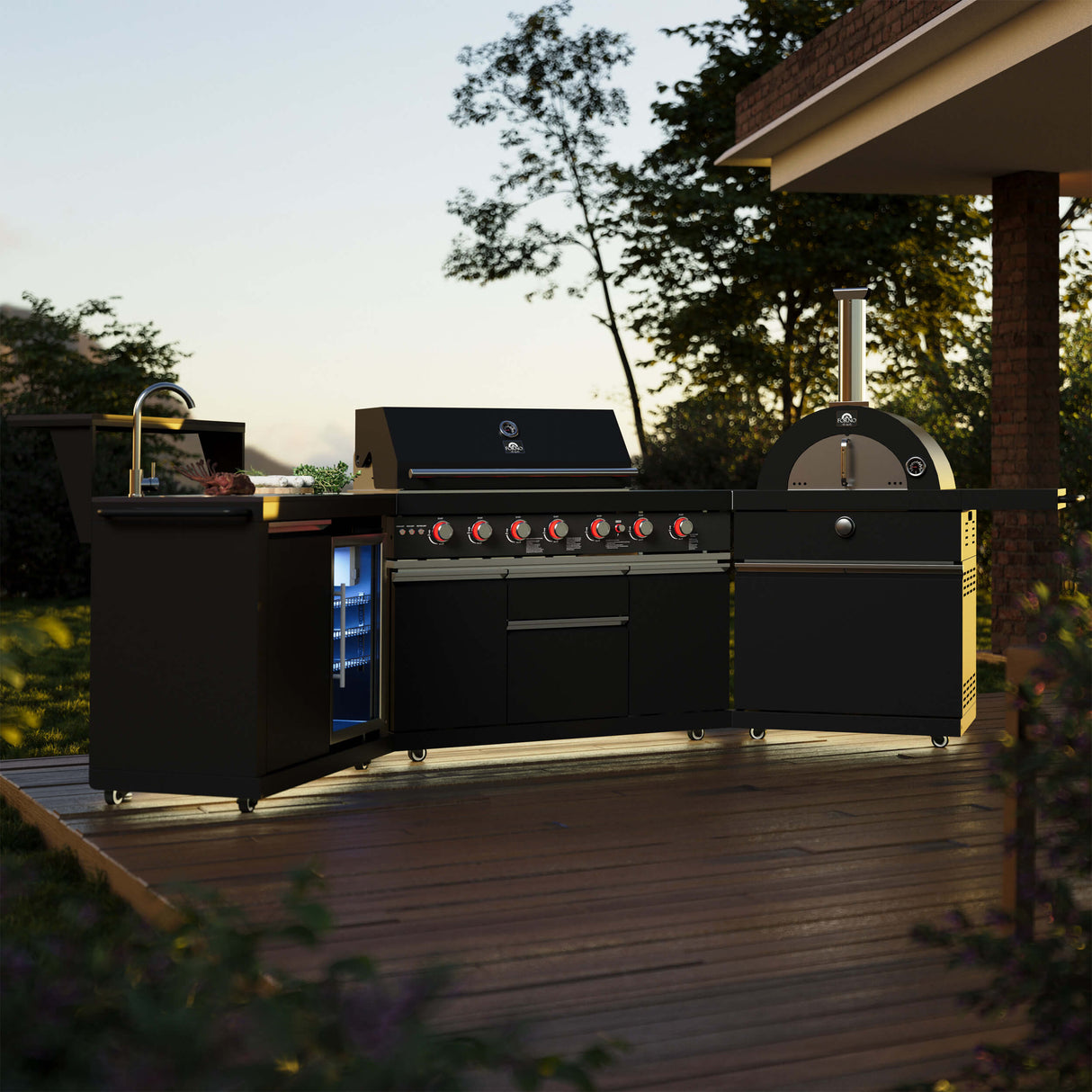 FORNO All’Aperto 87,600 BTU BBQ with 4 Stainless-Steel Burners with Infrared Burners & Side Burner, Sink Module with Black Sintered Stone Countertops, Gaz Pizza Oven, Bar & Beverage Center