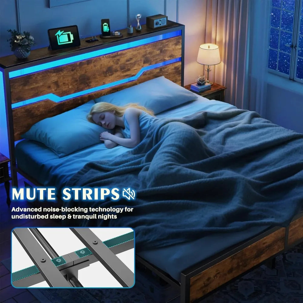 Queen Size Bed Frame with LED Lights & Charging Station