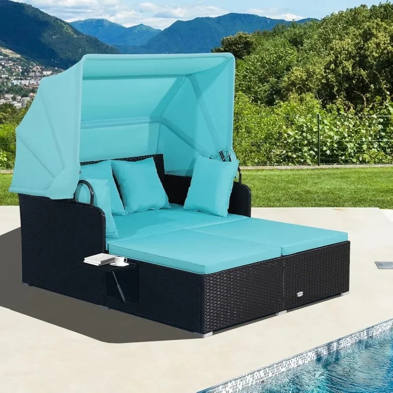 Retractable Canopy Rattan Daybed with Cushions
