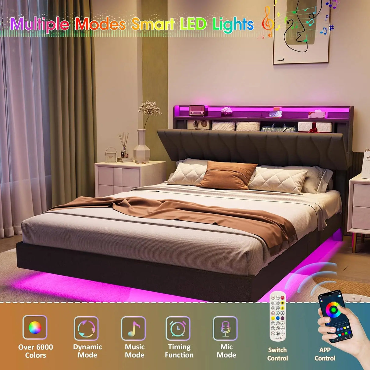 Floating Queen Size Bed Frame With Storage Headboard & LED Lights
