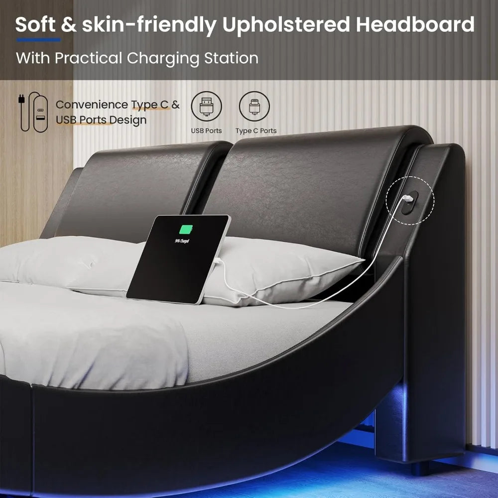 Queen Size Bed Frame with Led Lights and Charging Ports Modern Faux Leather Upholstered