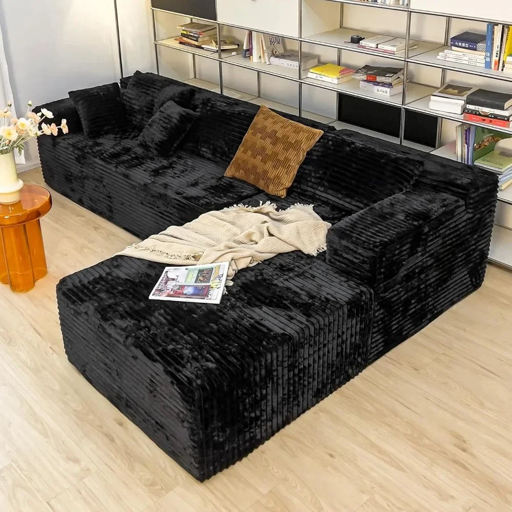 Black Corduroy L-Shaped Sectional Cloud Sofa