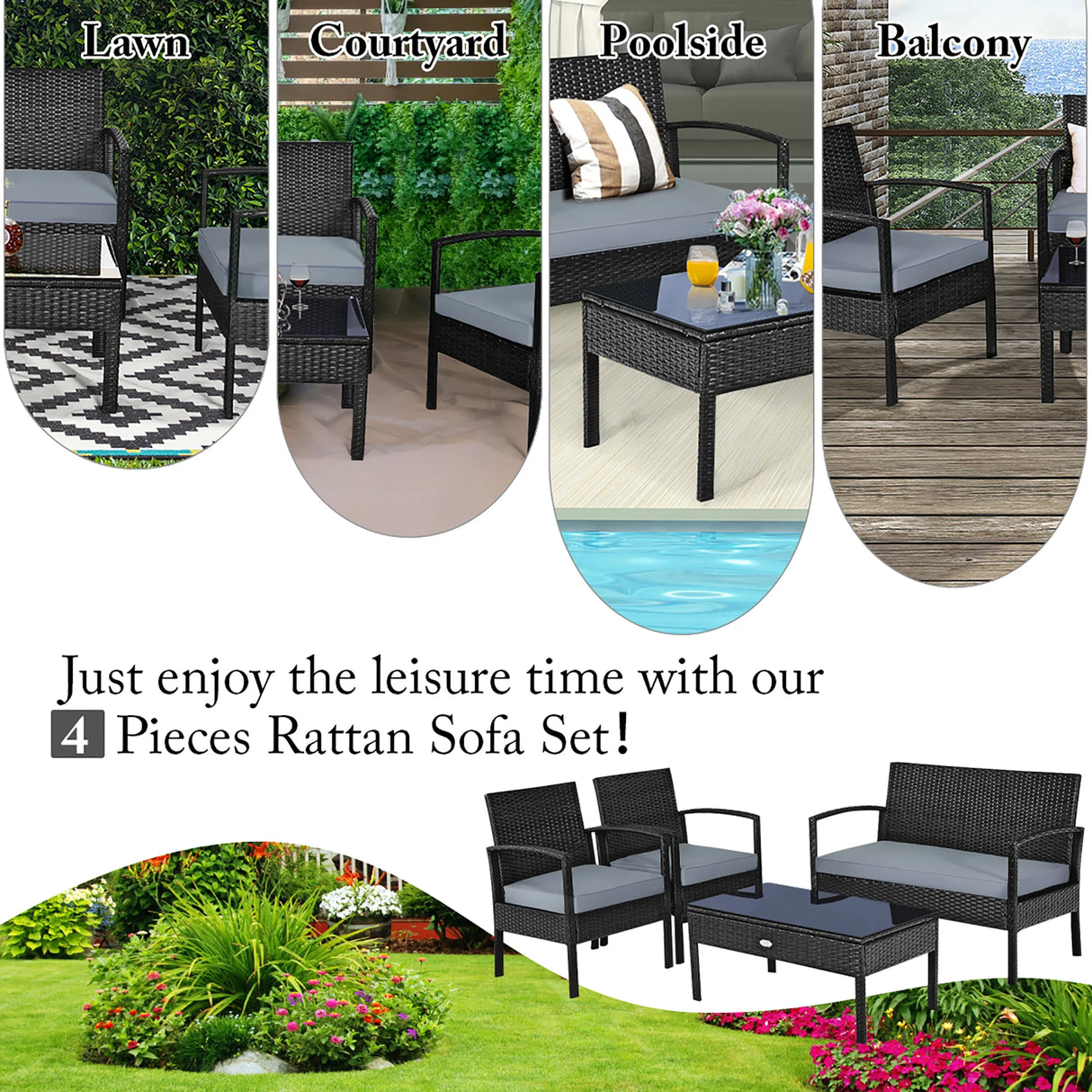 Black 4pcs Outdoor Patio Set with Cushions