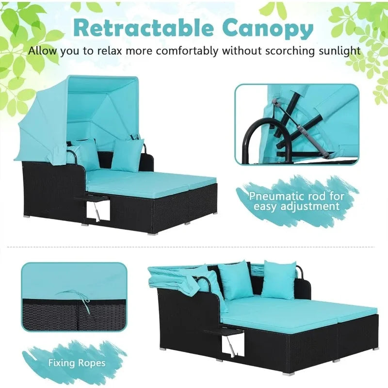 Retractable Canopy Rattan Daybed with Cushions