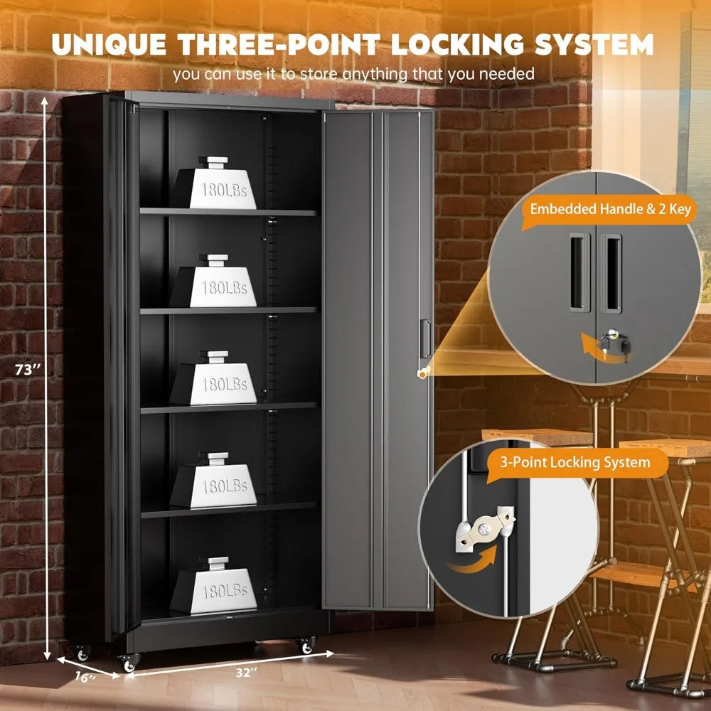 Lockable Metal Storage Cabinet with Wheels