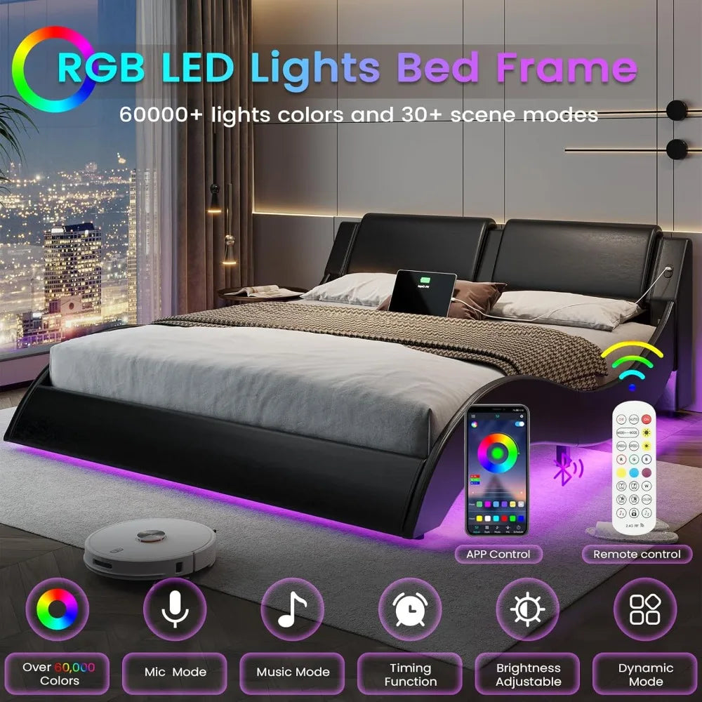 Queen Size Bed Frame with Led Lights and Charging Ports Modern Faux Leather Upholstered