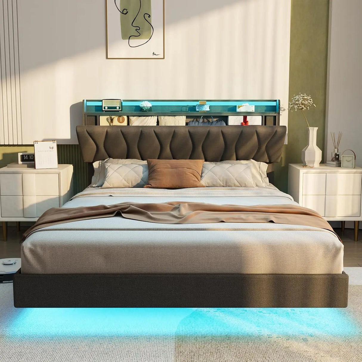 Floating Queen Size Bed Frame With Storage Headboard & LED Lights