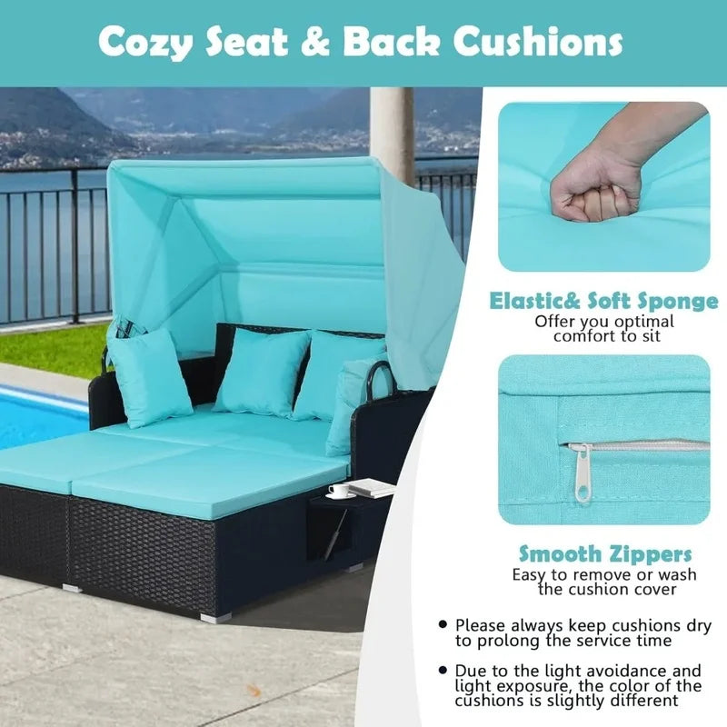 Retractable Canopy Rattan Daybed with Cushions