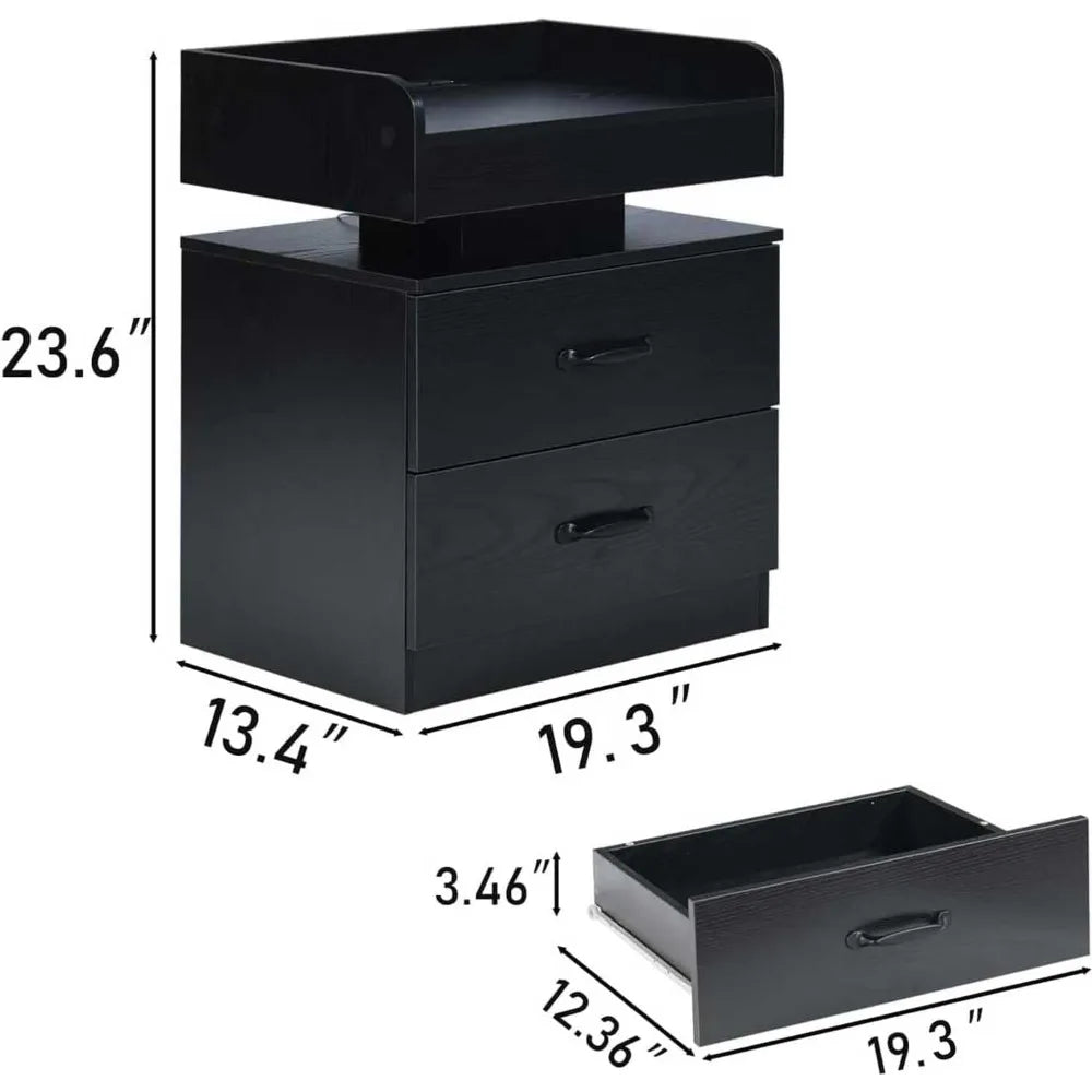 Black Nightstand with Charging Station and LED Lights