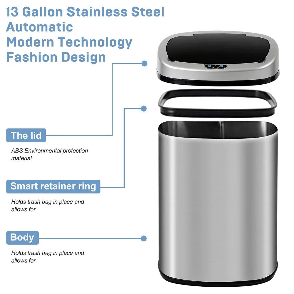 13 Gallon 50 Liter Kitchen Trash Can with Touch-Free & Motion Sensor