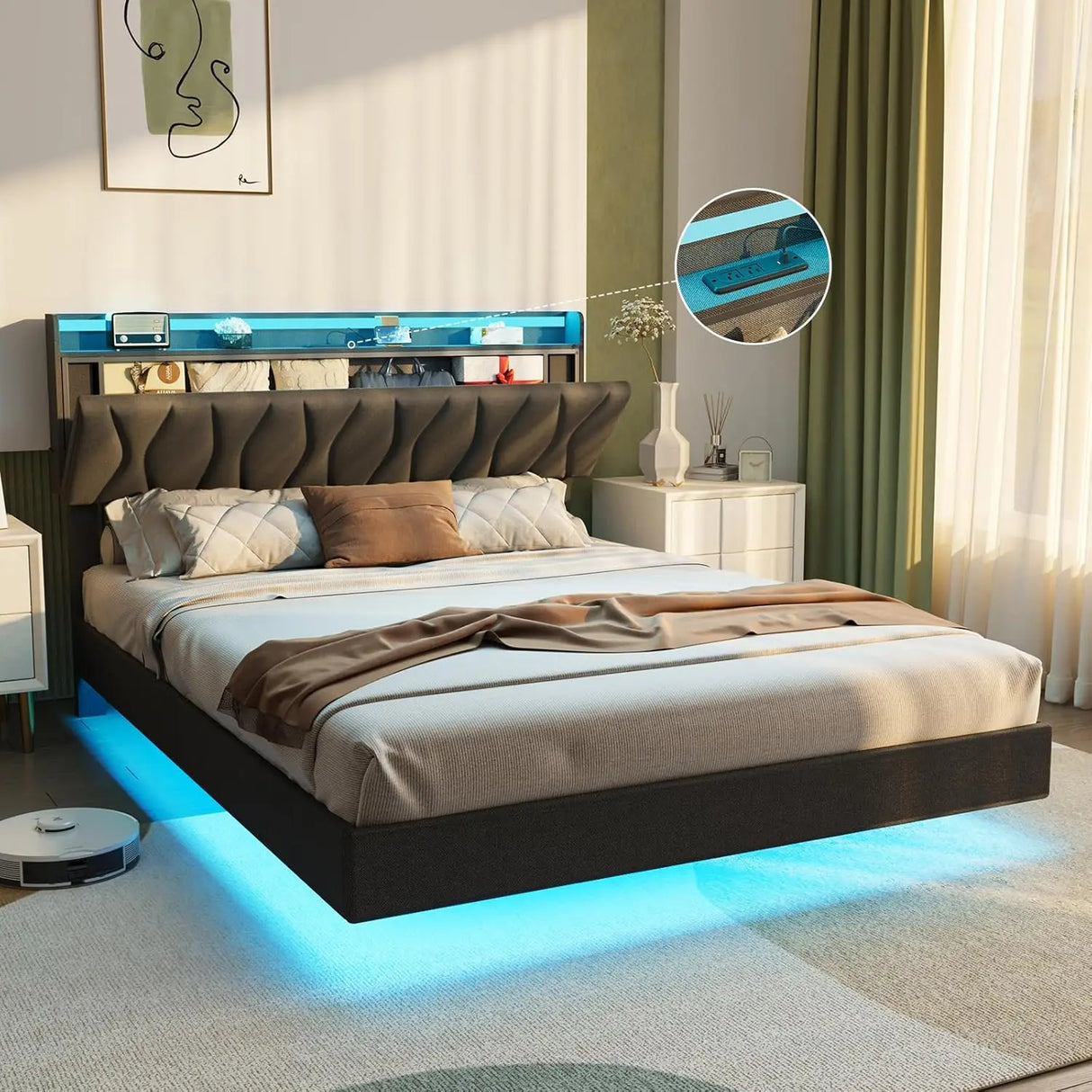 Floating Queen Size Bed Frame With Storage Headboard & LED Lights