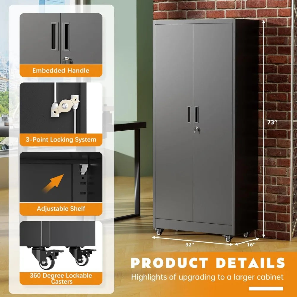 Lockable Metal Storage Cabinet with Wheels