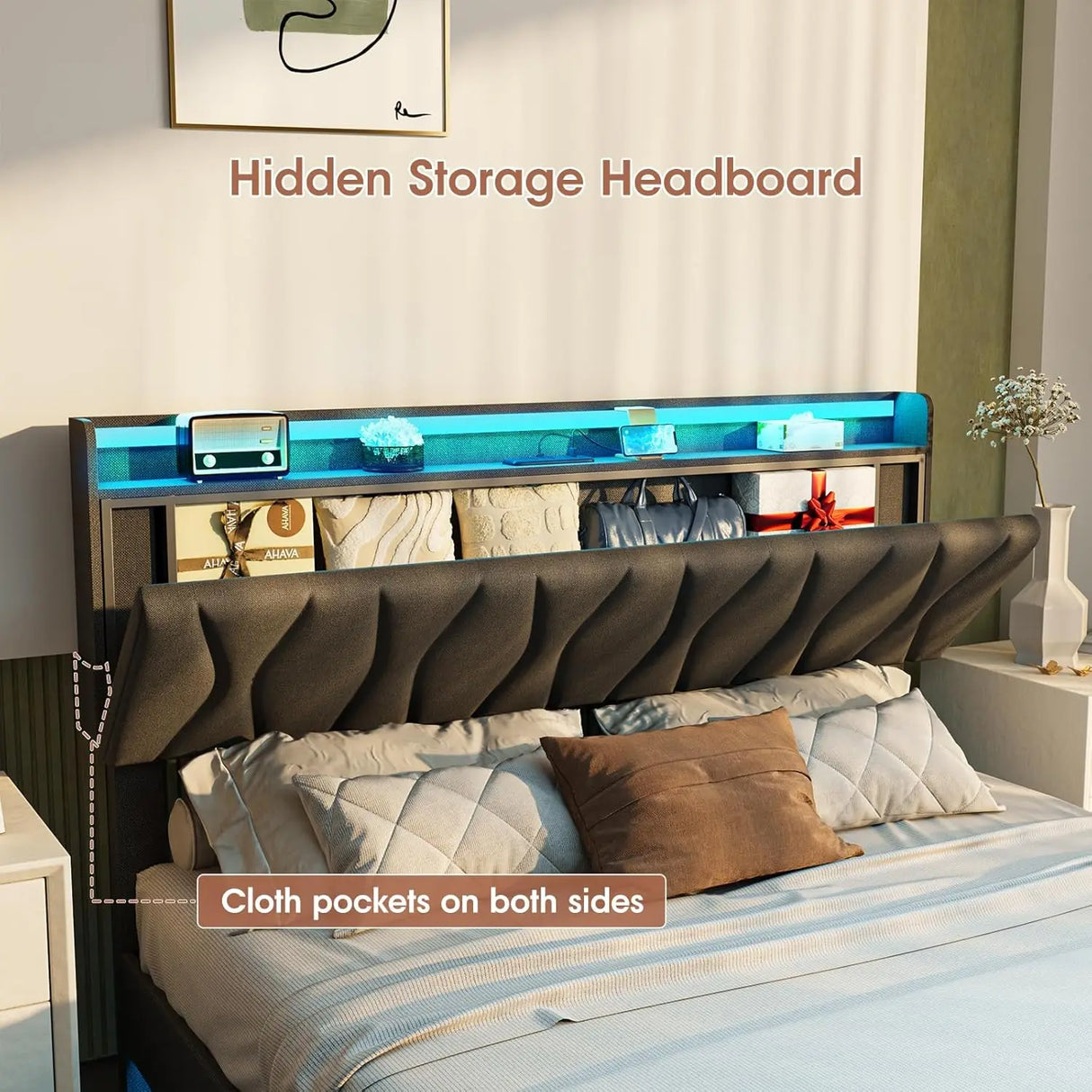 Floating Queen Size Bed Frame With Storage Headboard & LED Lights
