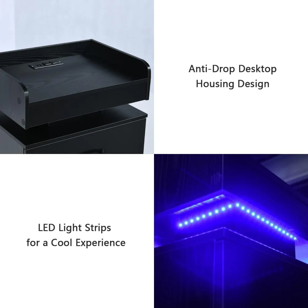 Black Nightstand with Charging Station and LED Lights