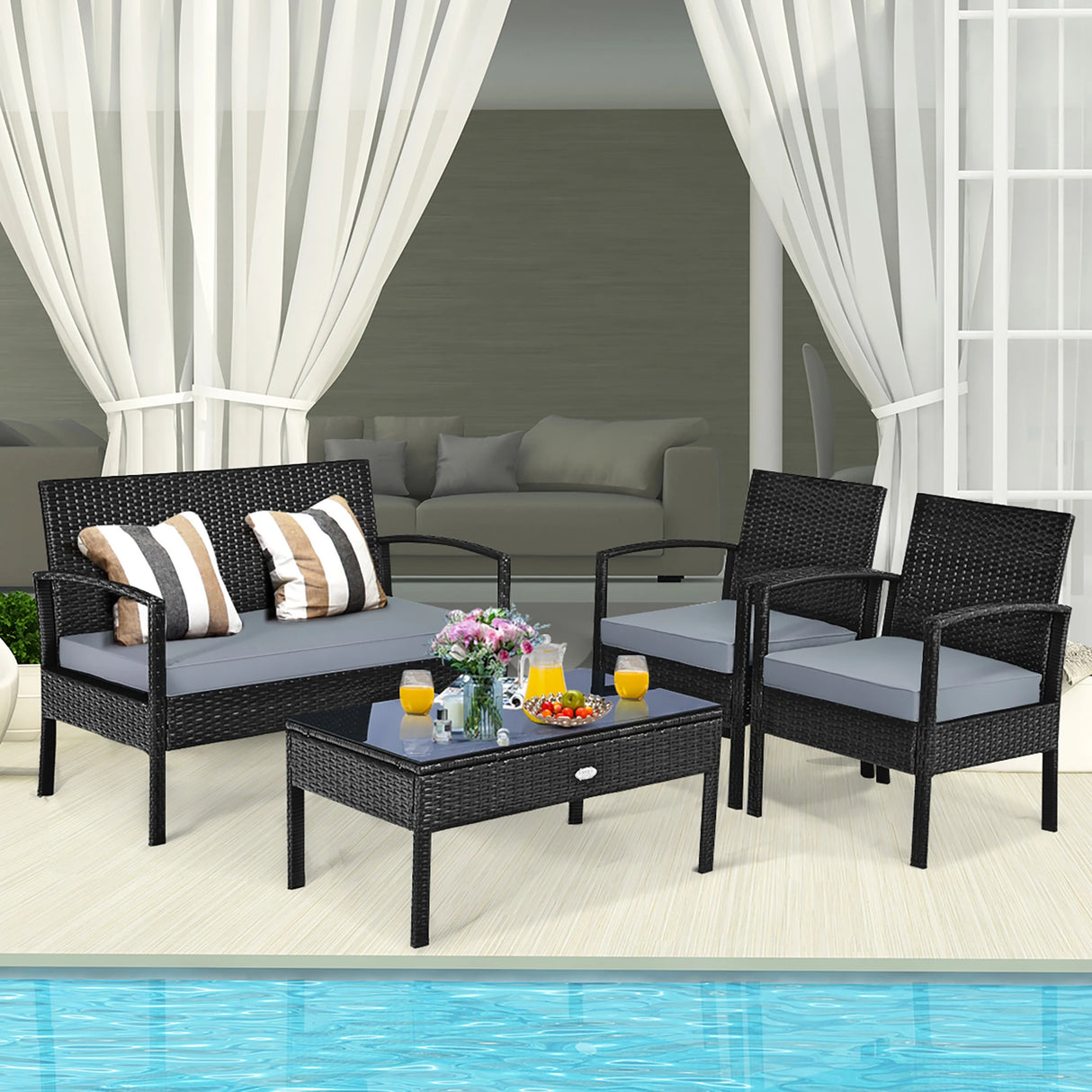 Black 4pcs Outdoor Patio Set with Cushions