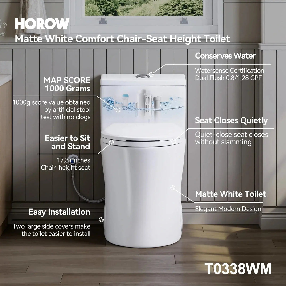 HOROW T0338WM Matte White One-Piece Toilet with Chair Height Seat