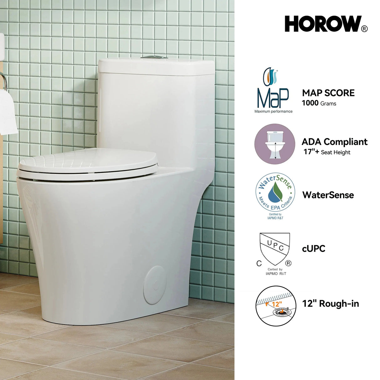 HOROW T0351W 12" Rough-In Elongated Toilet with Chrome Dual Flush