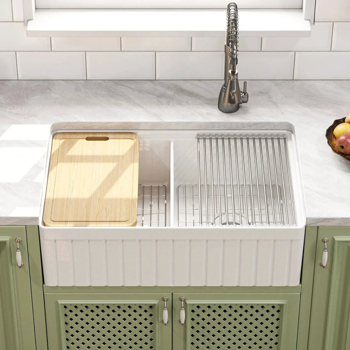 HOROW 33" Double Bowl Ceramic Kitchen Sink with Drainboard F01R-D3320W1-L