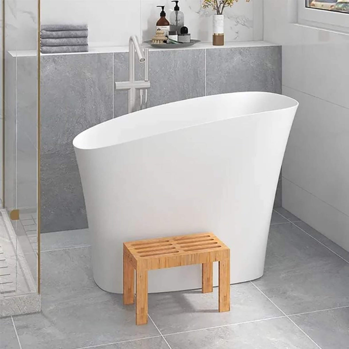 Nuvia Veloura Luxury 47-Inch White Freestanding Japanese-Styled Deep Stone Soaking Bathtub Resin (SAK84725)
