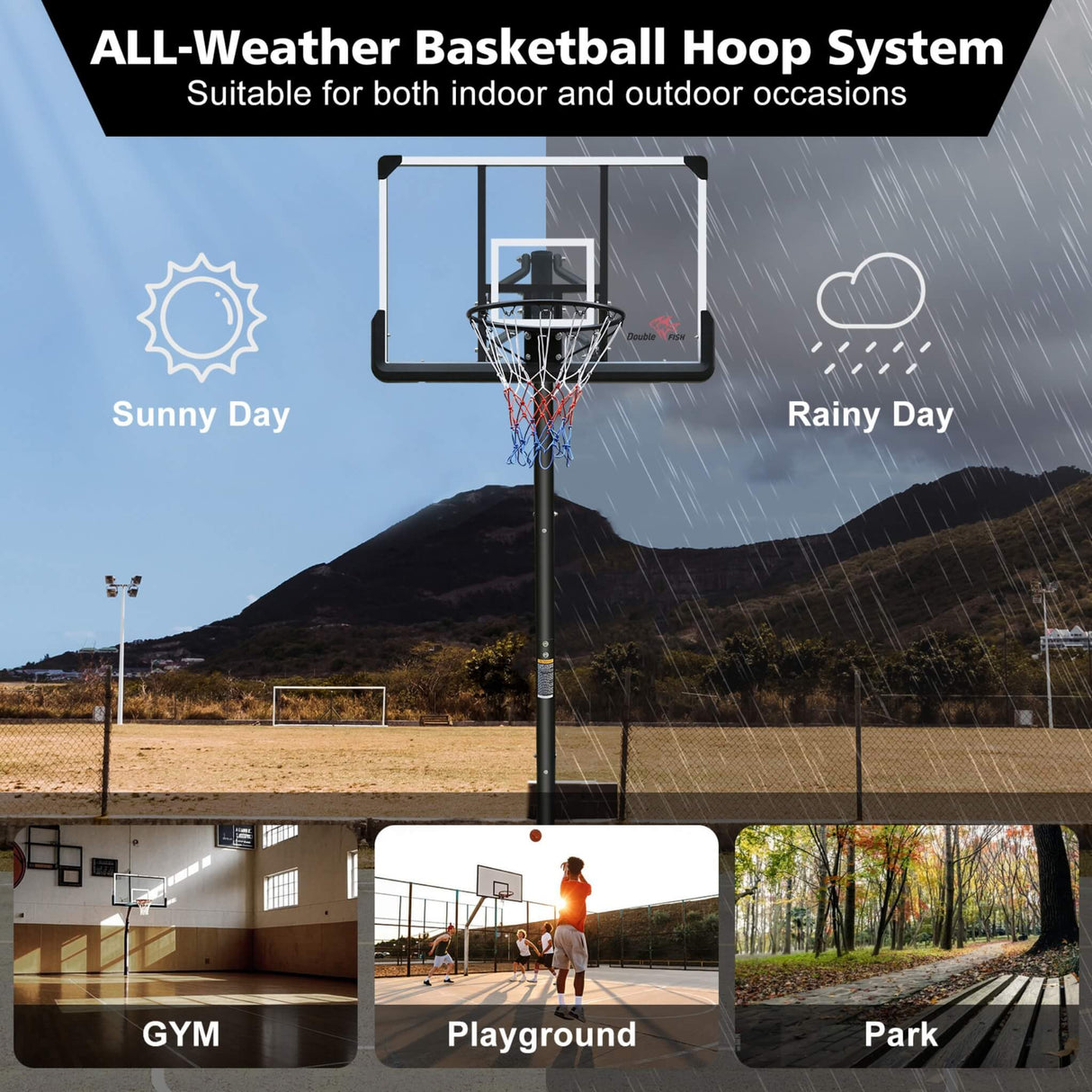 Portable Outdoor All-Weather Height Adjustable Basketball Hoop With 44-Inch Backboard And Wheels, 10FT