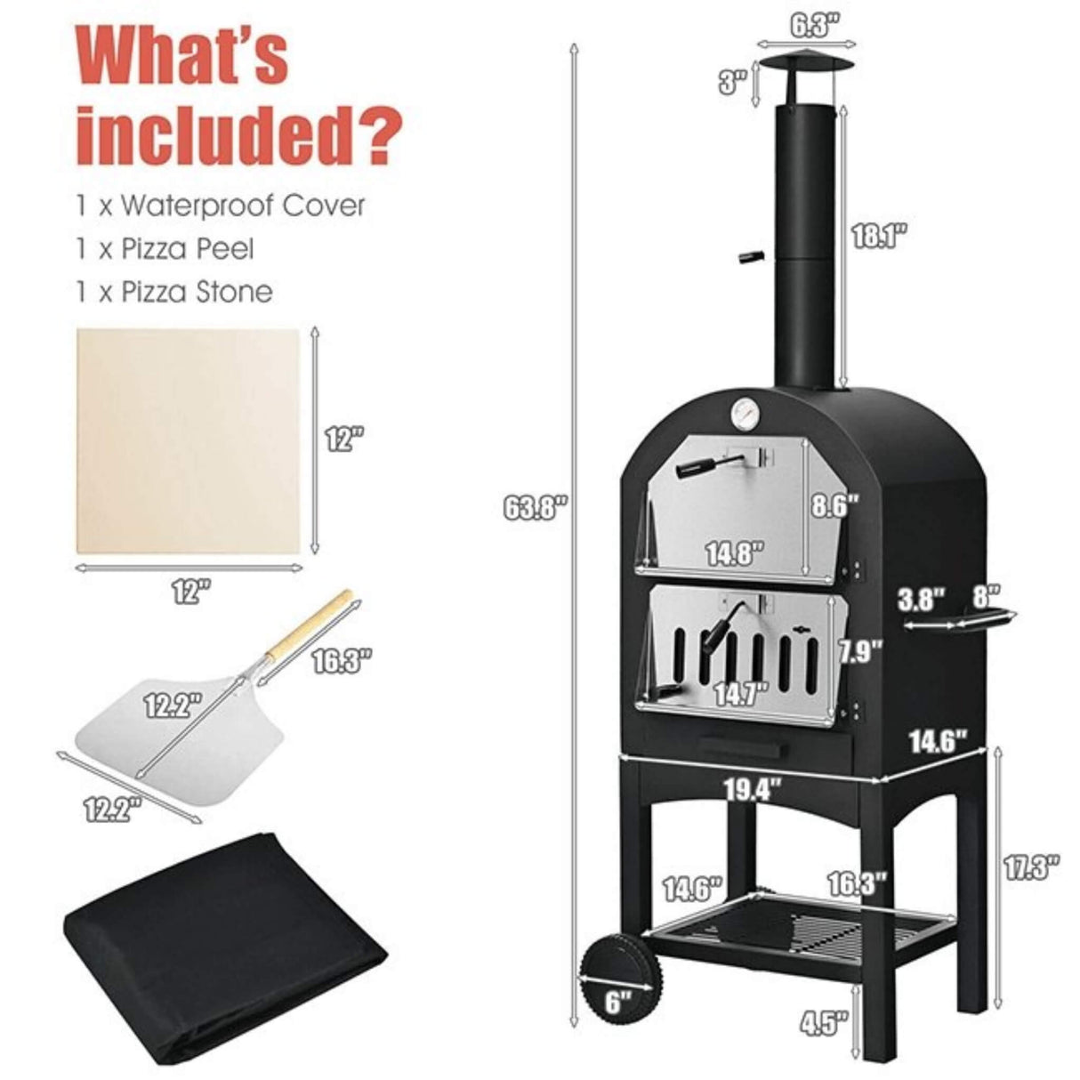 Portable Outdoor Wood Fired Pizza Oven W/ Pizza Stone & Waterproof Cover