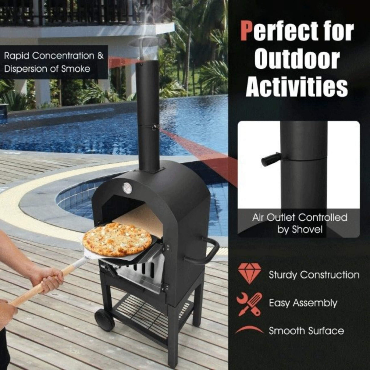 Portable Outdoor Wood Fired Pizza Oven W/ Pizza Stone & Waterproof Cover