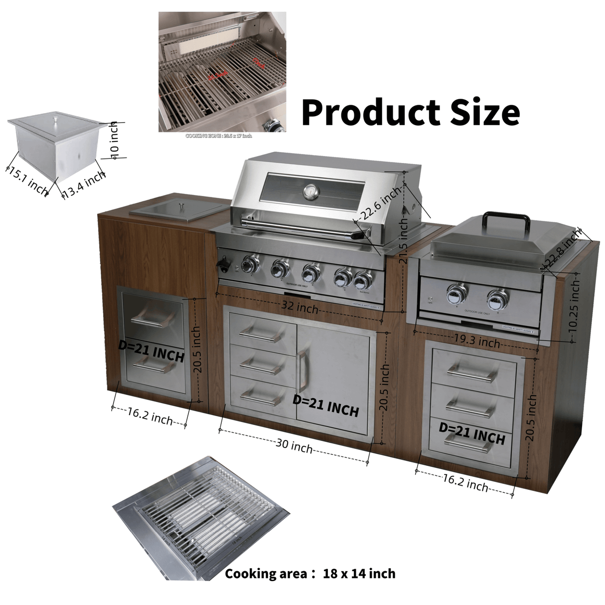 Premium Outdoor Kitchen With 32-Inch 60K BTU Built-In Stainless Steel LPG Gas Grill, Door And Drawer Combo And Stainless Steel Ice Box