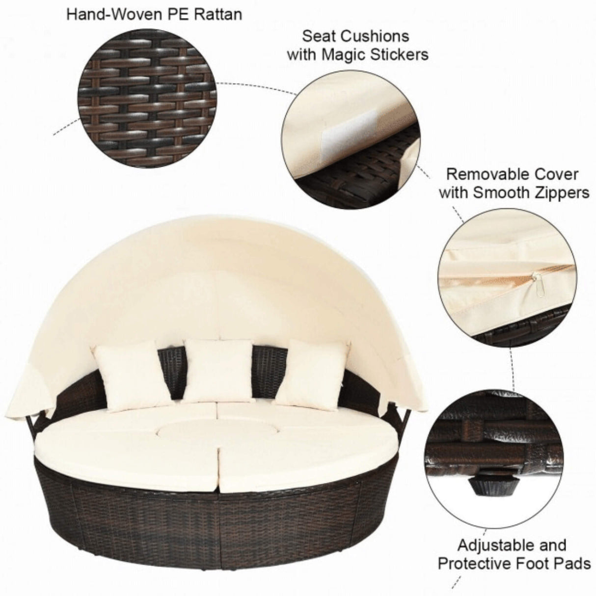 Alora Premium 76-Inch Round Outdoor Patio Rattan Daybed W/ Canopy & Table (SAK96418)