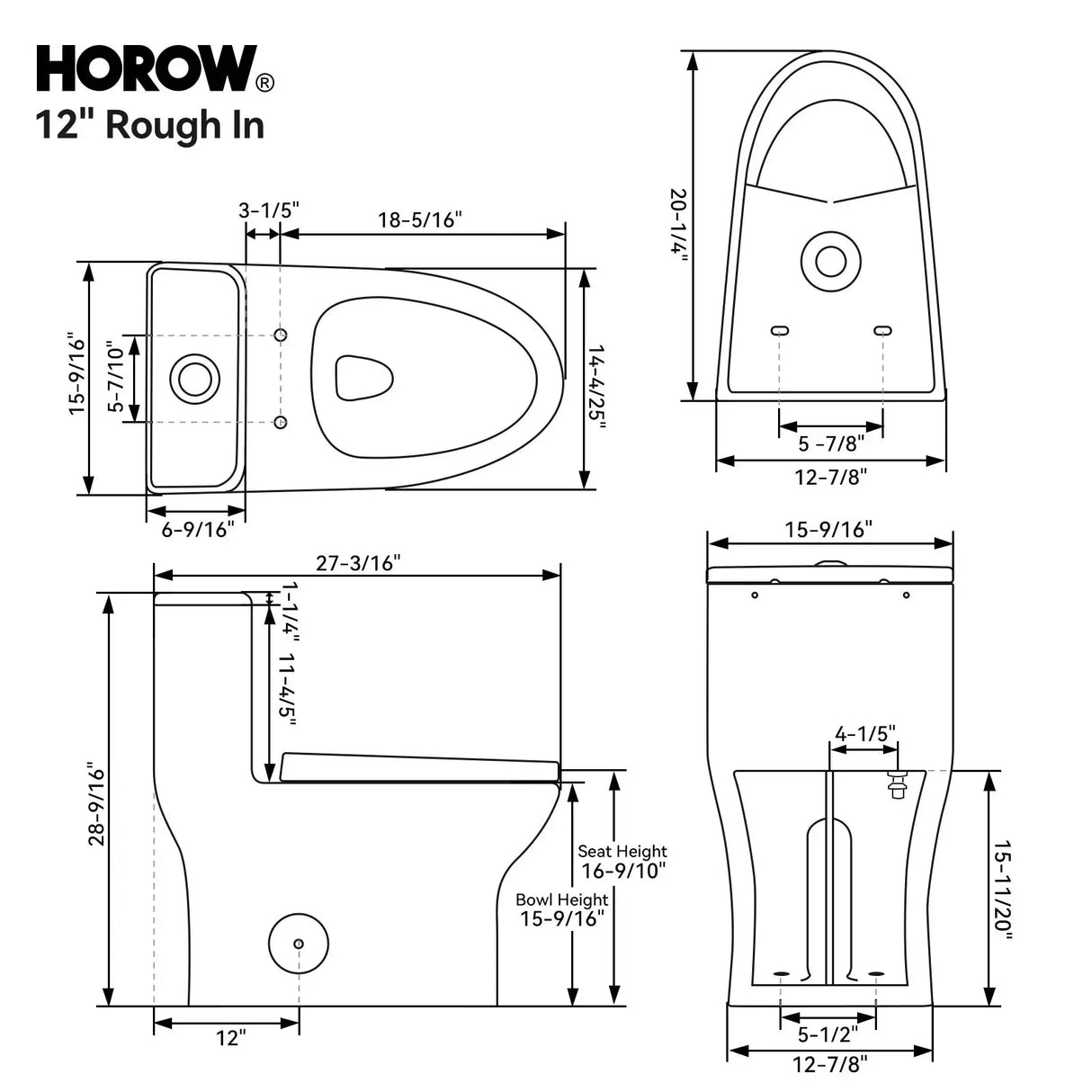 HOROW T0356W One-Piece Dual Flush Toilet with Rimless Bowl
