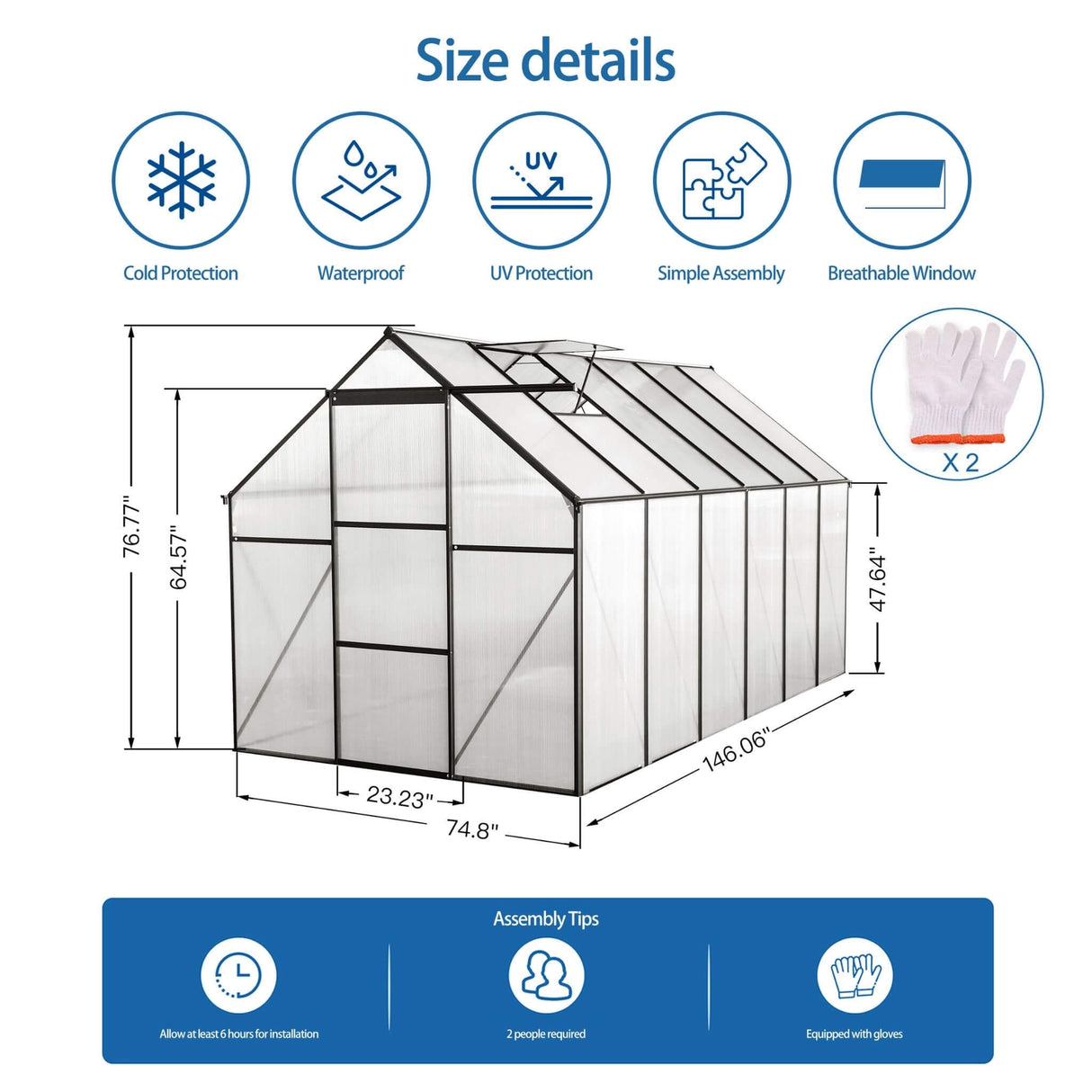 [06X12FT] Heavy-Duty Black Polycarbonate Greenhouse With Raised Base And Anchor (SAK92451)